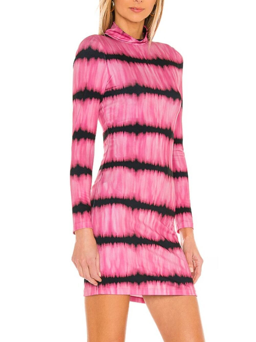 Alice + Olivia Delora mini dress long-sleeve mock neck pink/black tie dye Sz 4